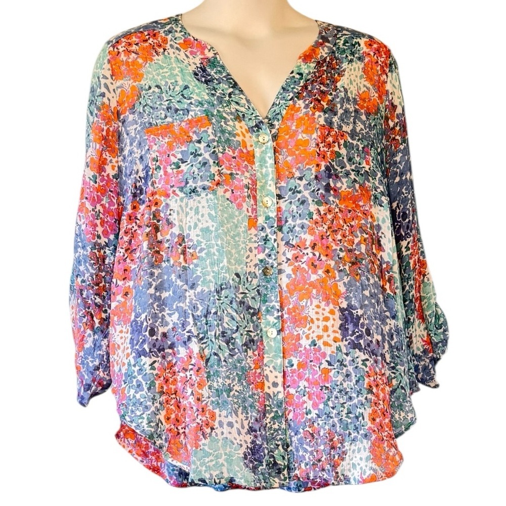 Ruby Rd Gauze Button Front Tunic V Neck Pastel Floral Meadow Print Plus Size 3X